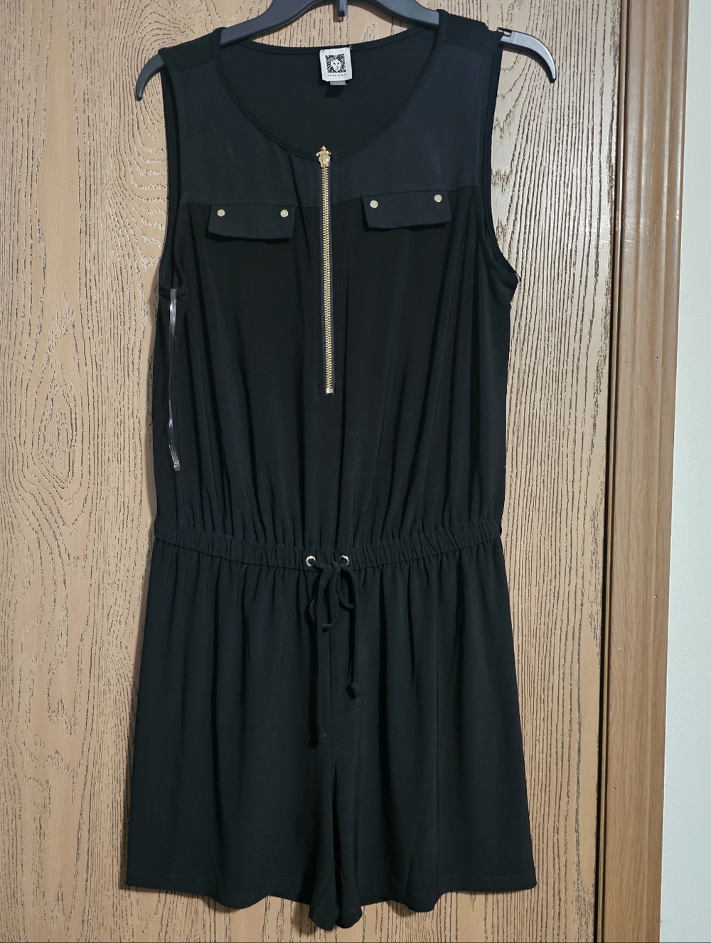 Anne Klein Black Zip-Front Sleeveless Romper with Gold Accents
